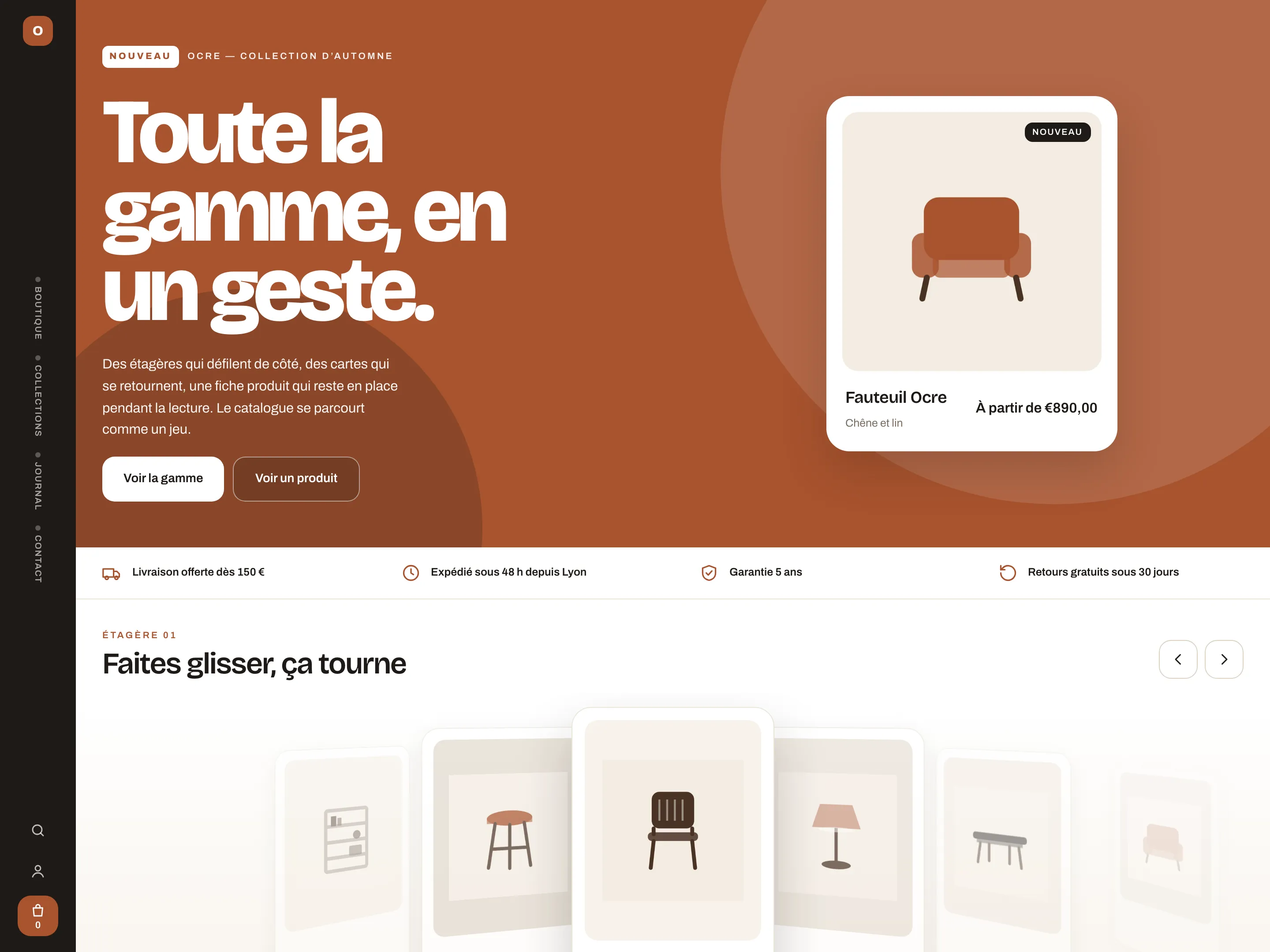 Accueil d’OCRE : le titre sur terracotta et la carte produit du fauteuil