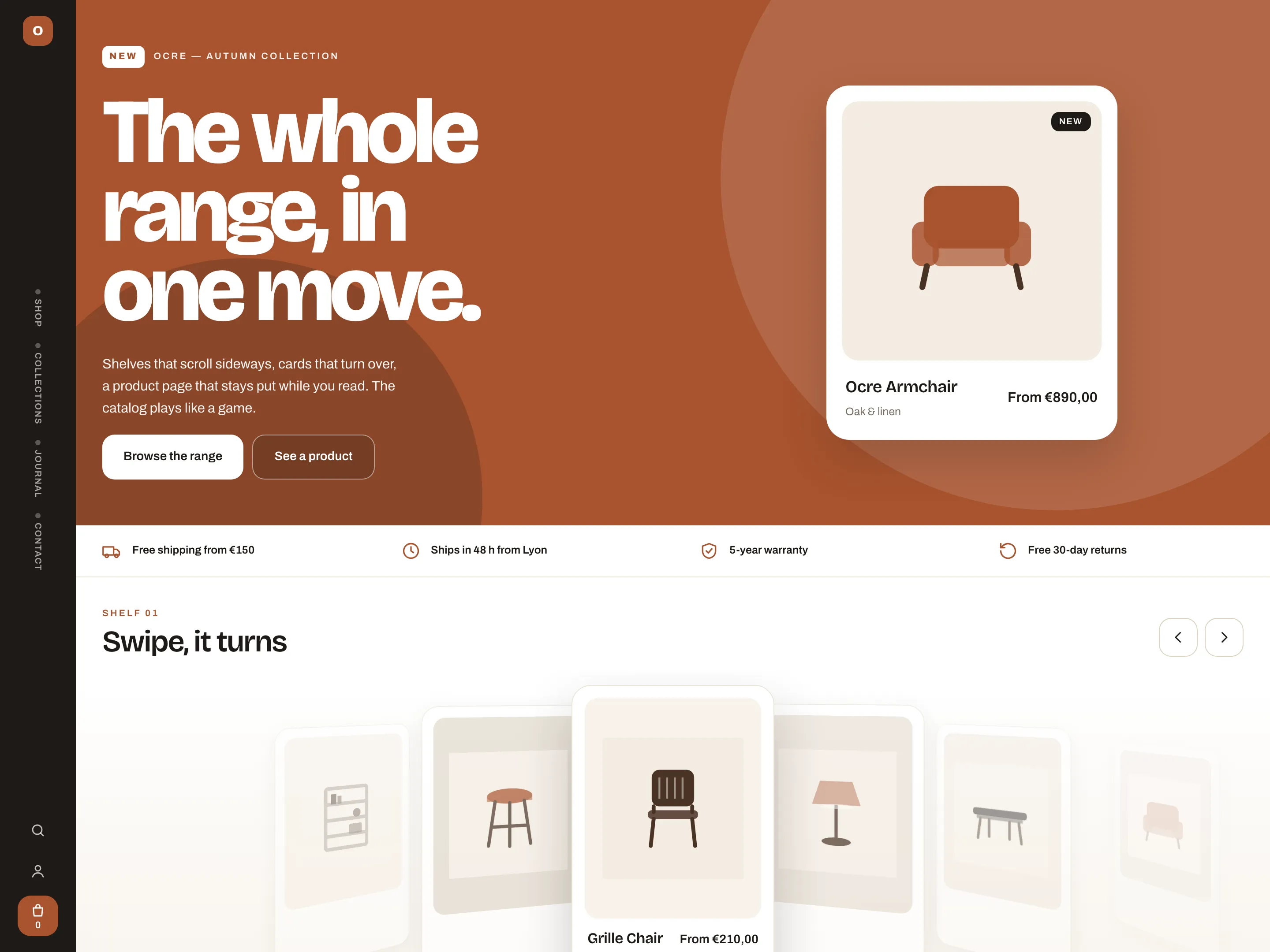 OCRE home page: the headline on terracotta and the armchair product card