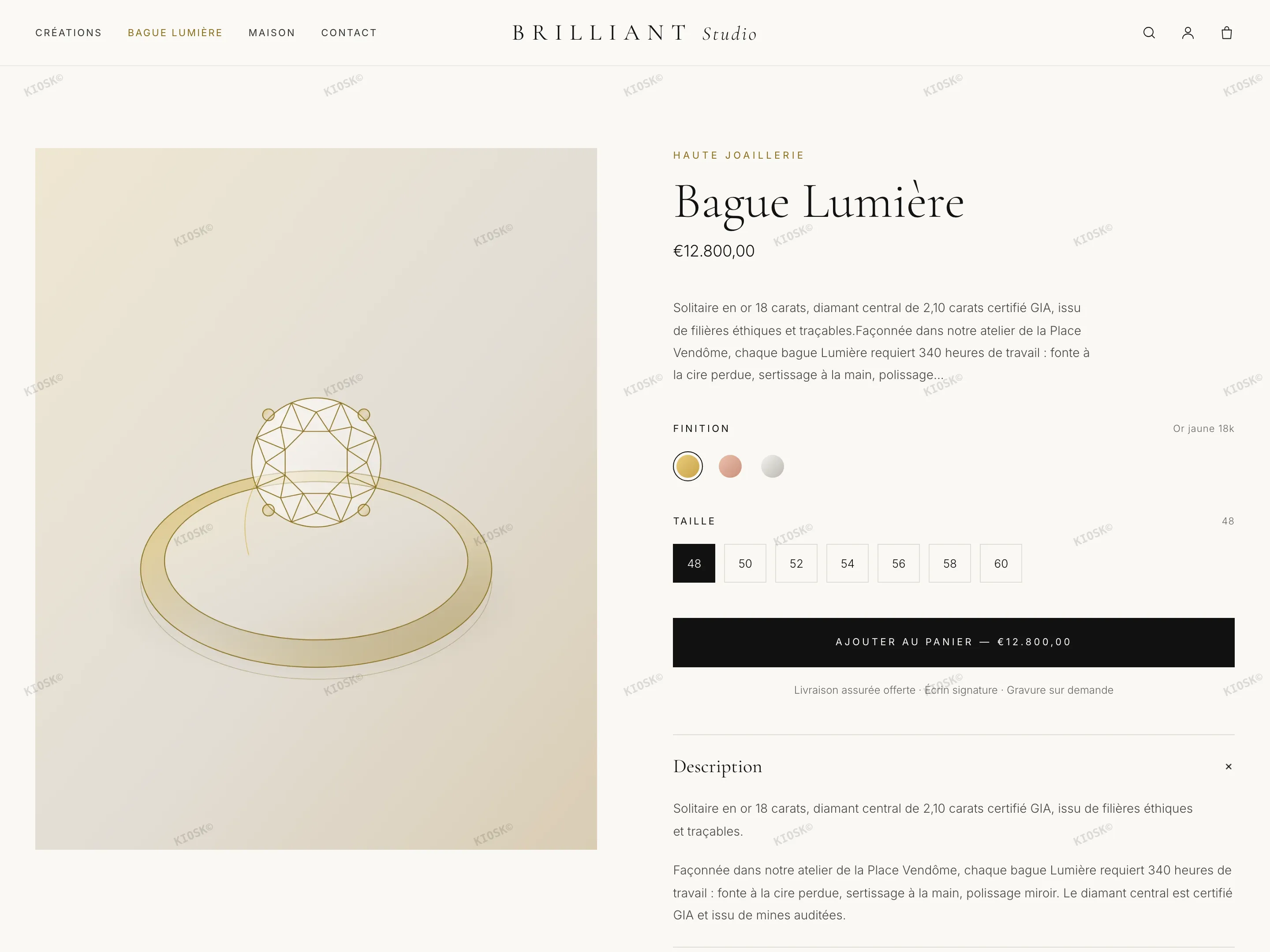 Fiche produit BRILLIANT — galerie sur fond or jaune, pastilles de métal et boutons de taille