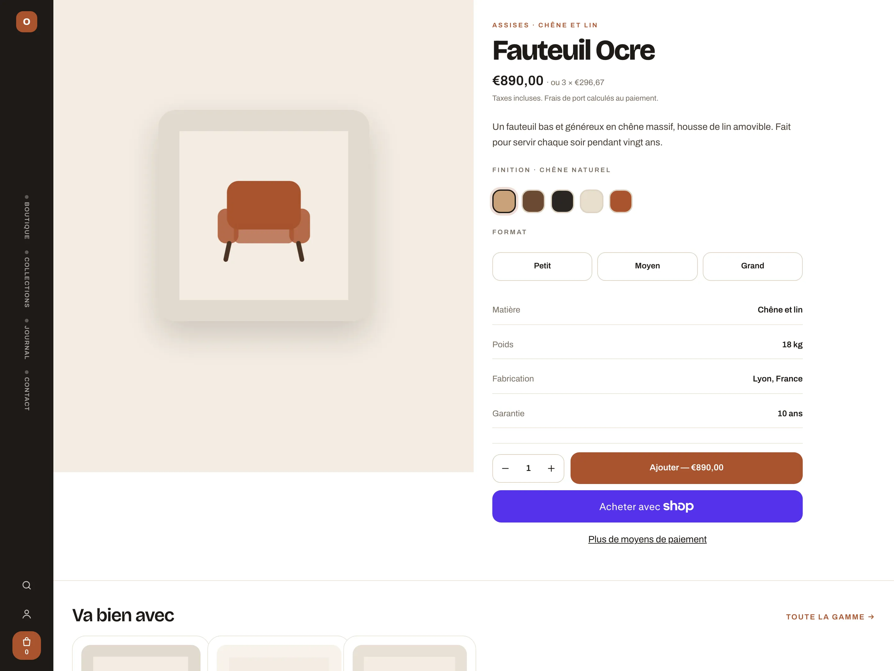 Fiche produit d’OCRE : média collant, pastilles de finition, boutons de format et détails de matière