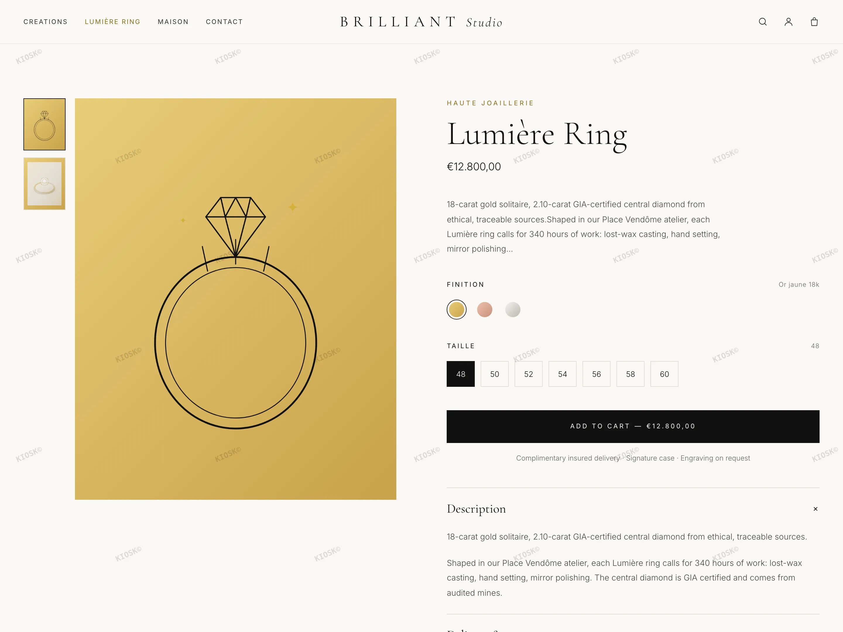 BRILLIANT product page — the gallery on a yellow-gold ground, metal swatches and size chips