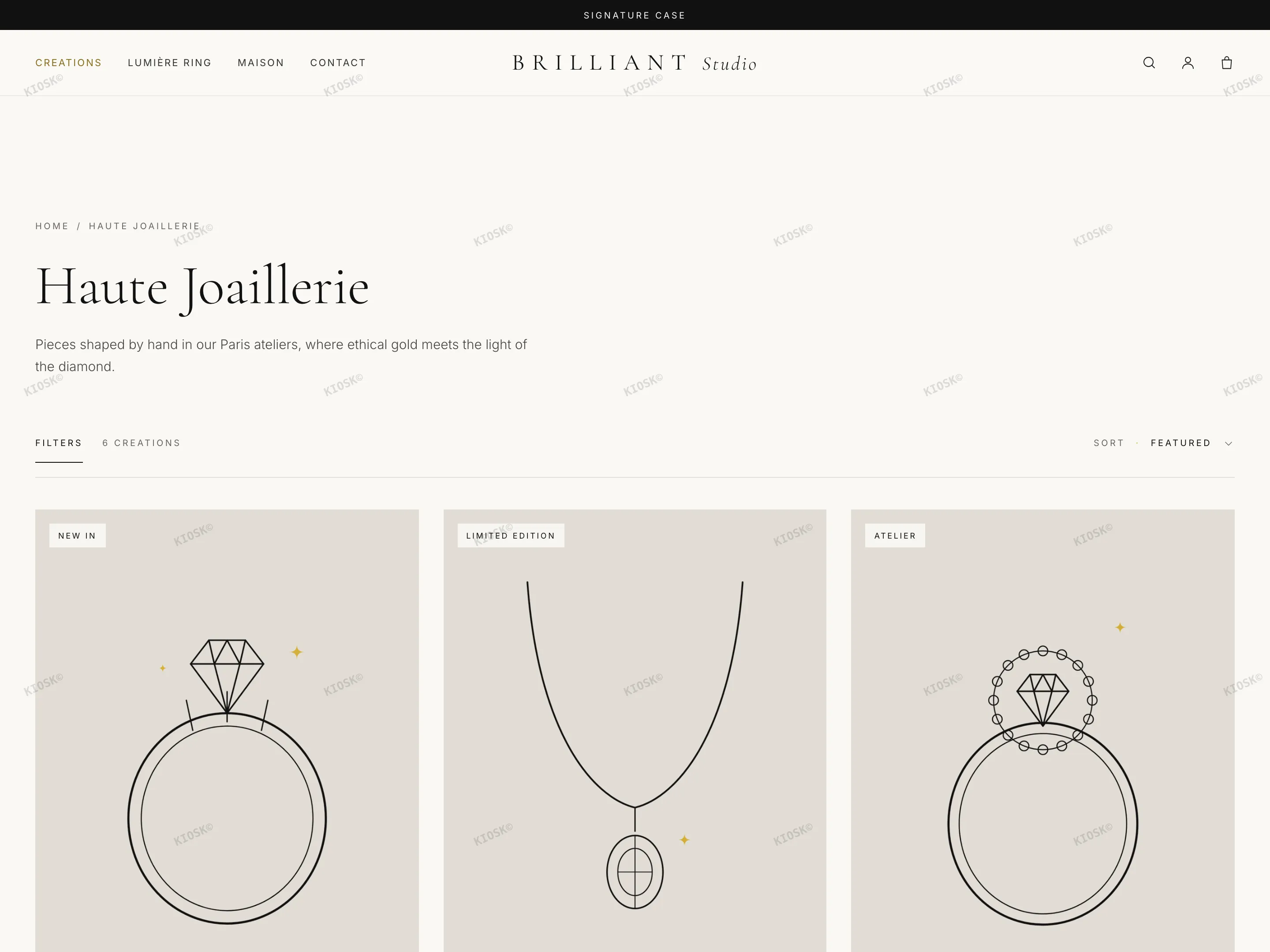 BRILLIANT collection page with the Filters button, the sort menu and a three-column grid