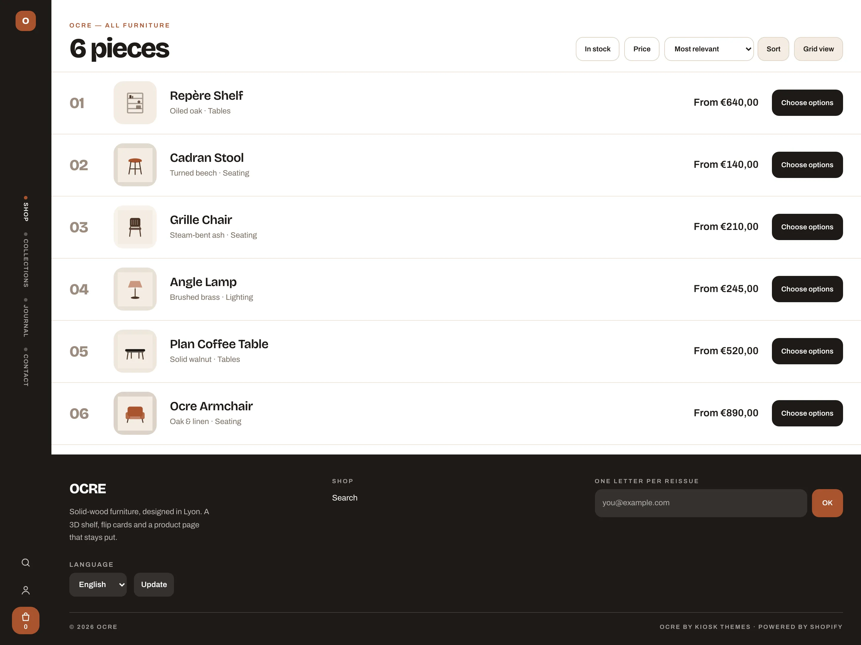 OCRE collection page with the six pieces of the range