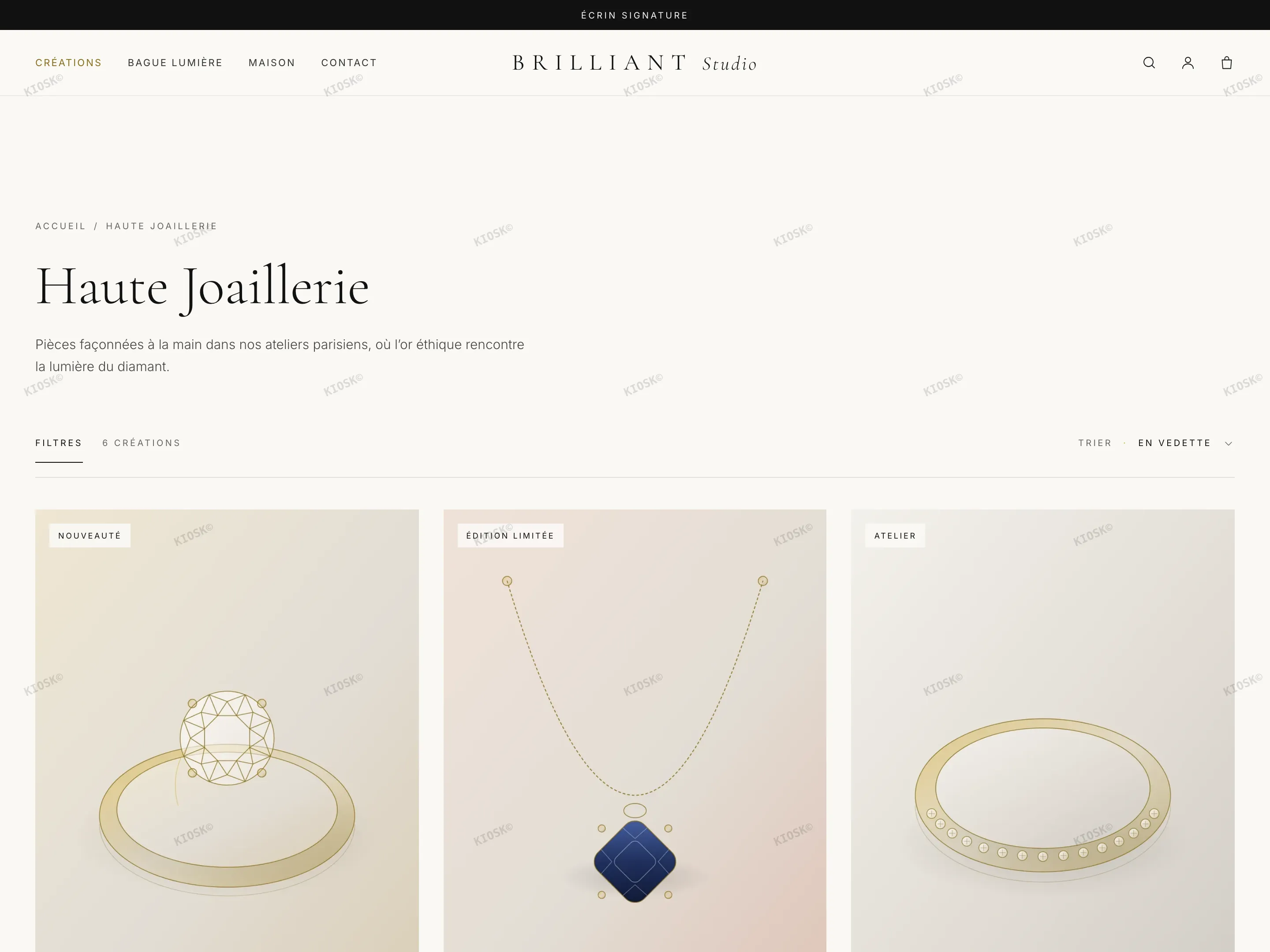 Page collection BRILLIANT avec le bouton Filtres, le menu de tri et une grille à trois colonnes