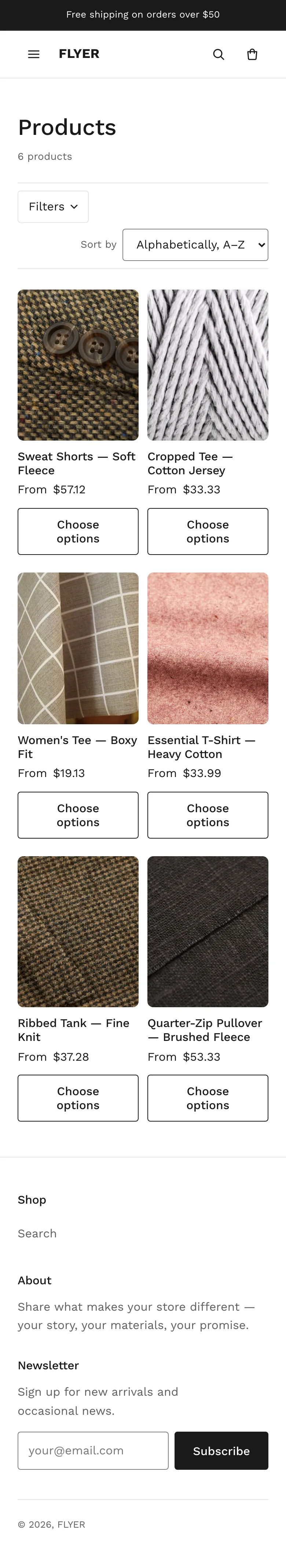 FLYER collection page on mobile