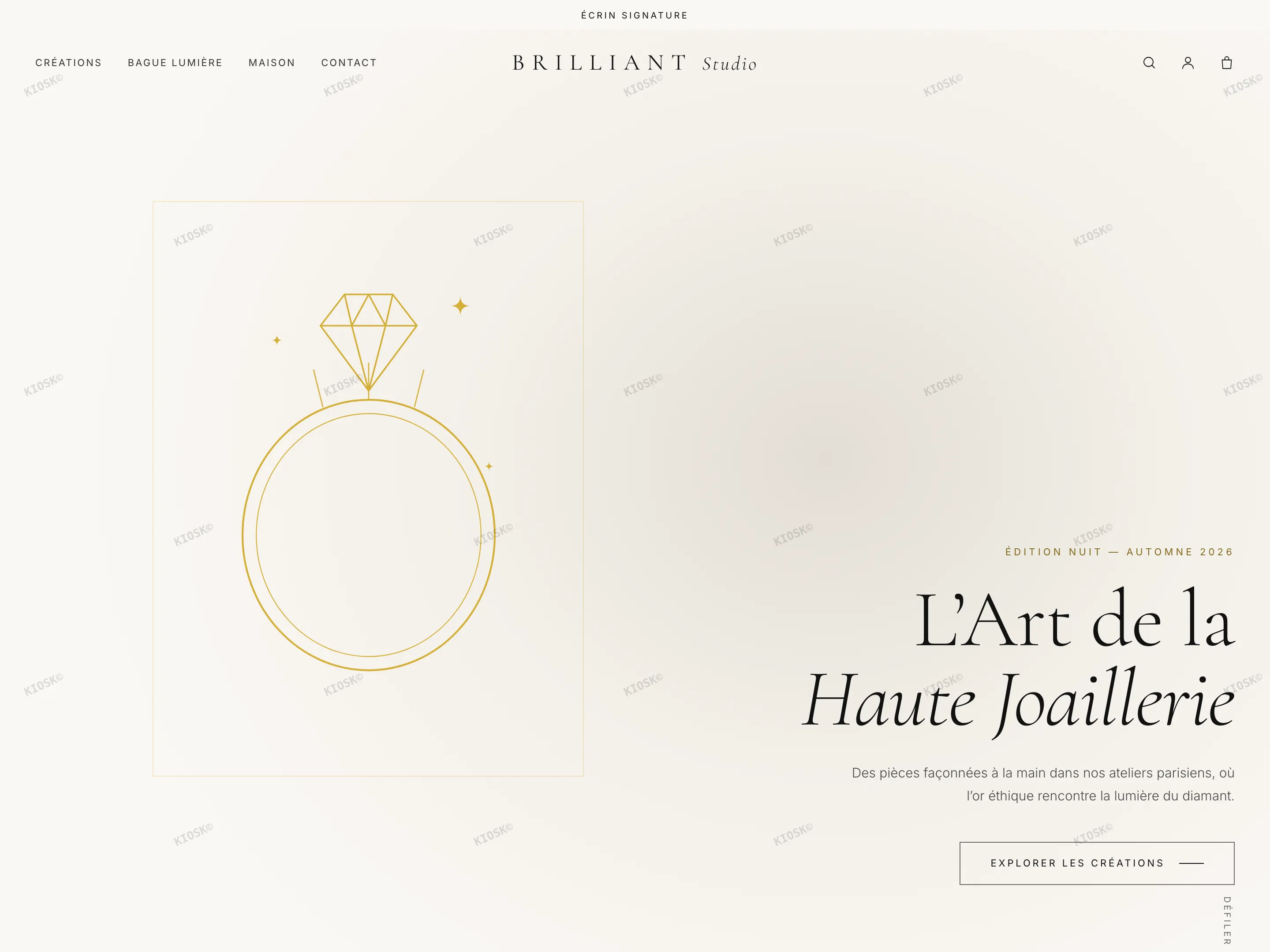 Accueil BRILLIANT en édition Nuit — héro ivoire, la bague à gauche, le texte à droite