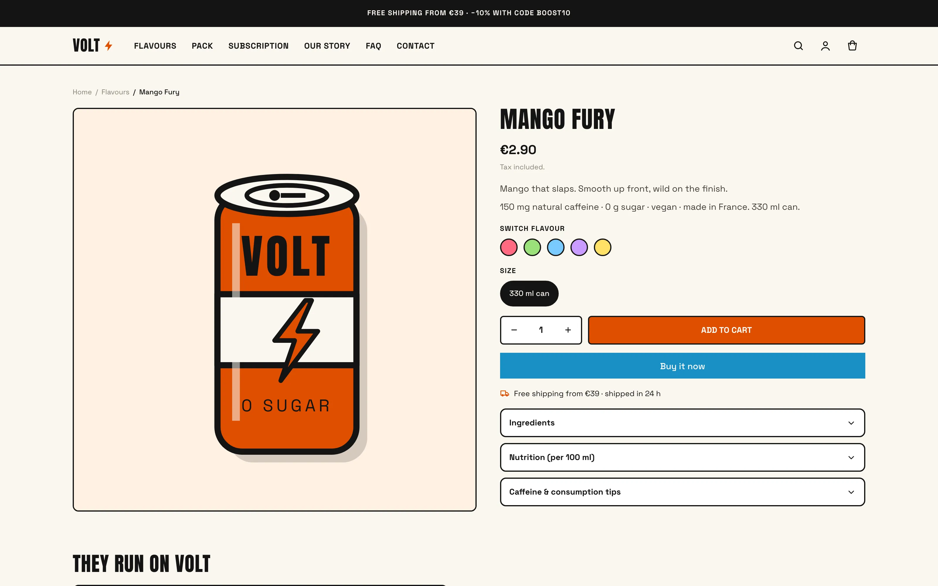 VOLT product page — flavour pills and selling plans