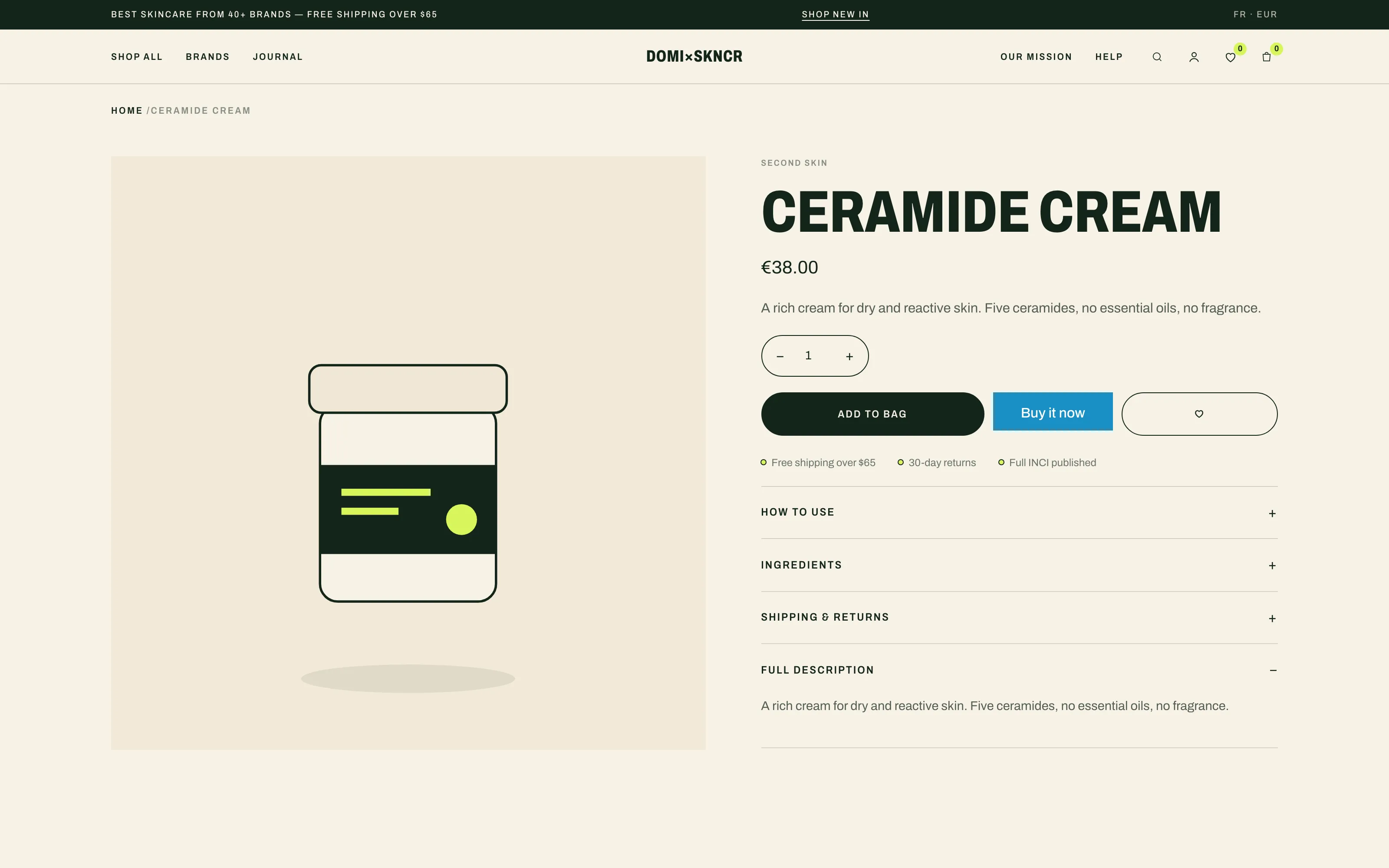 SOIN product page — INCI accordions and trust line
