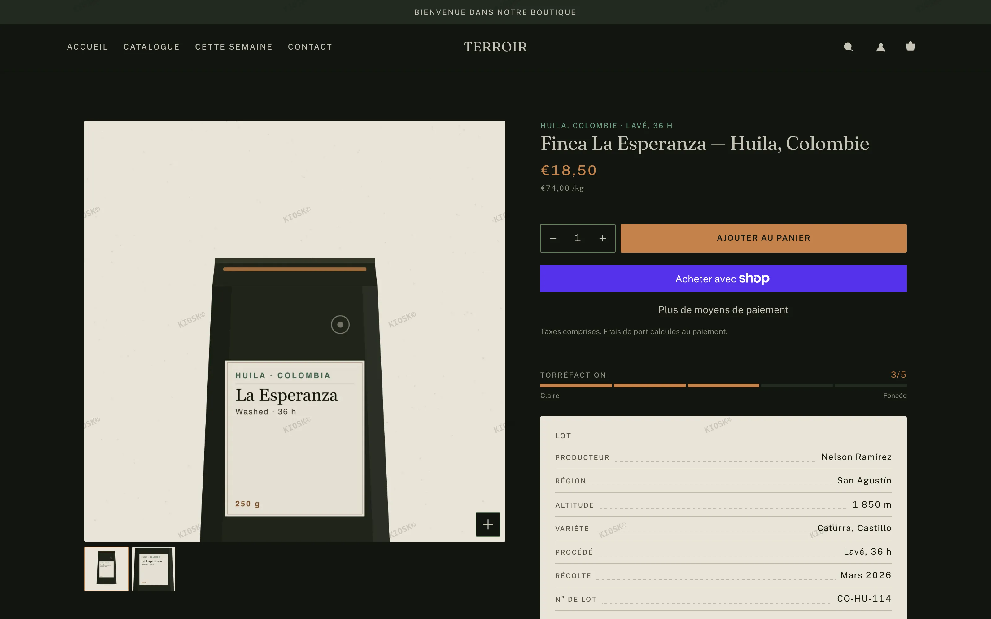 TERROIR, page produit — la fiche de lot