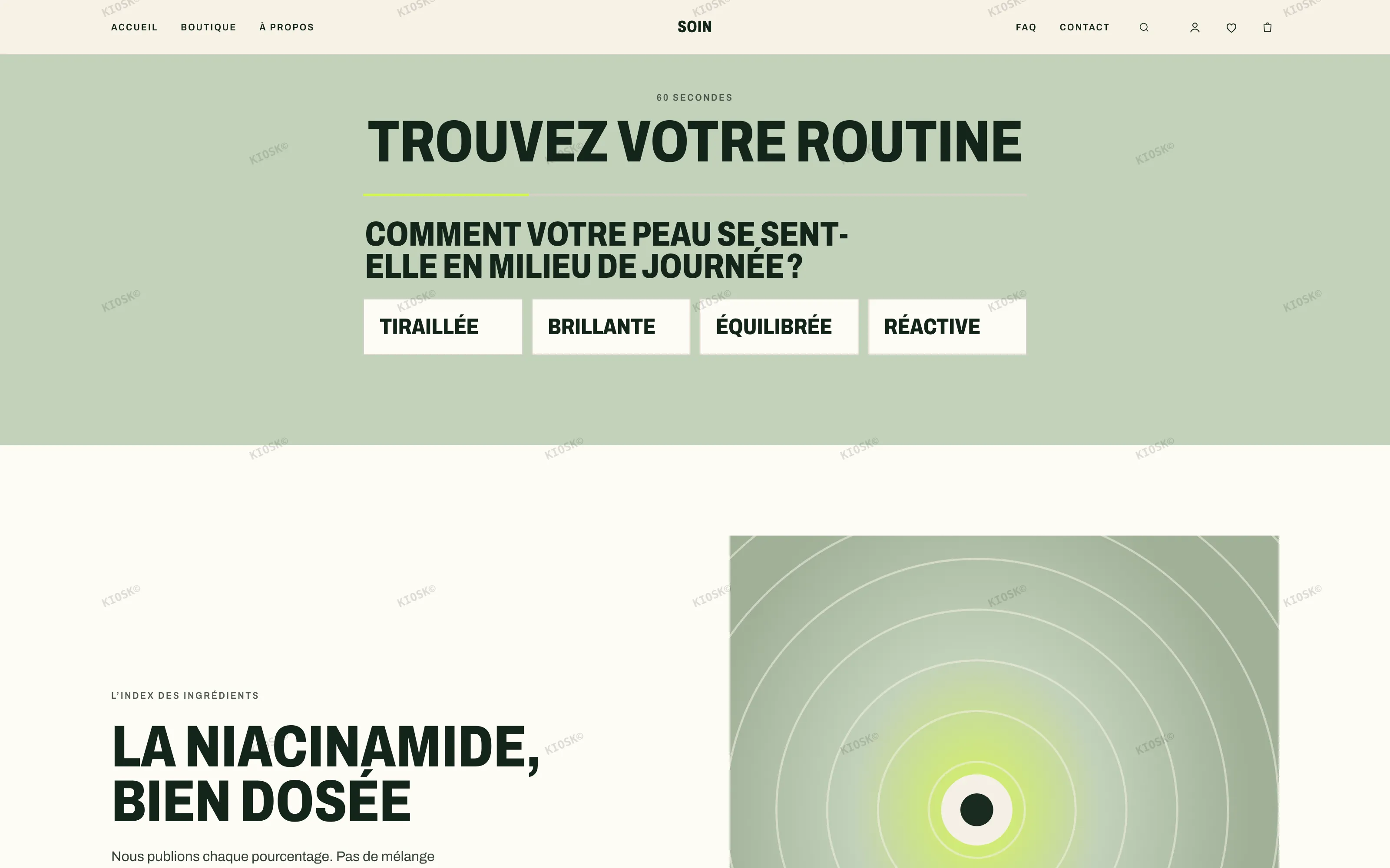 Quiz de routine SOIN — des blocs dans l’éditeur de thème