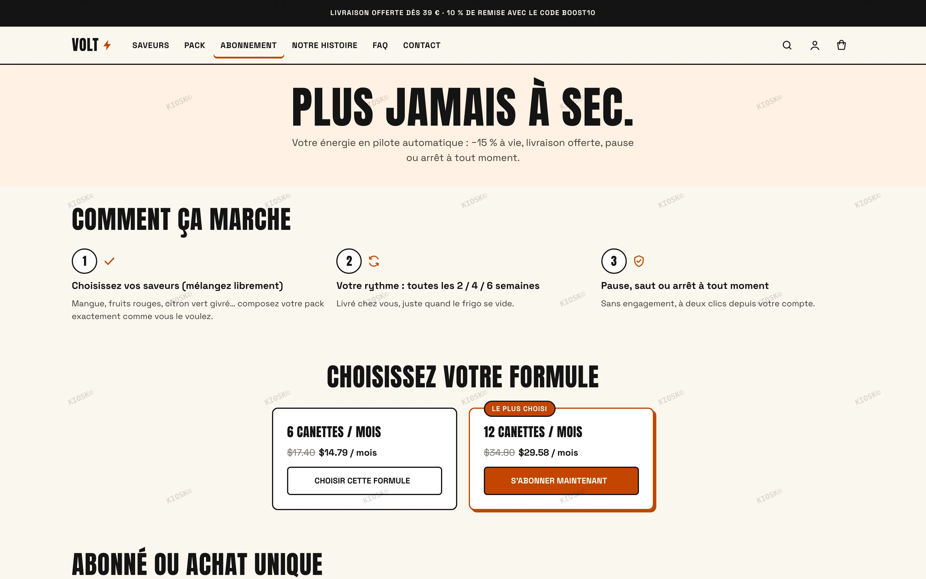 VOLT, page d’atterrissage abonnements