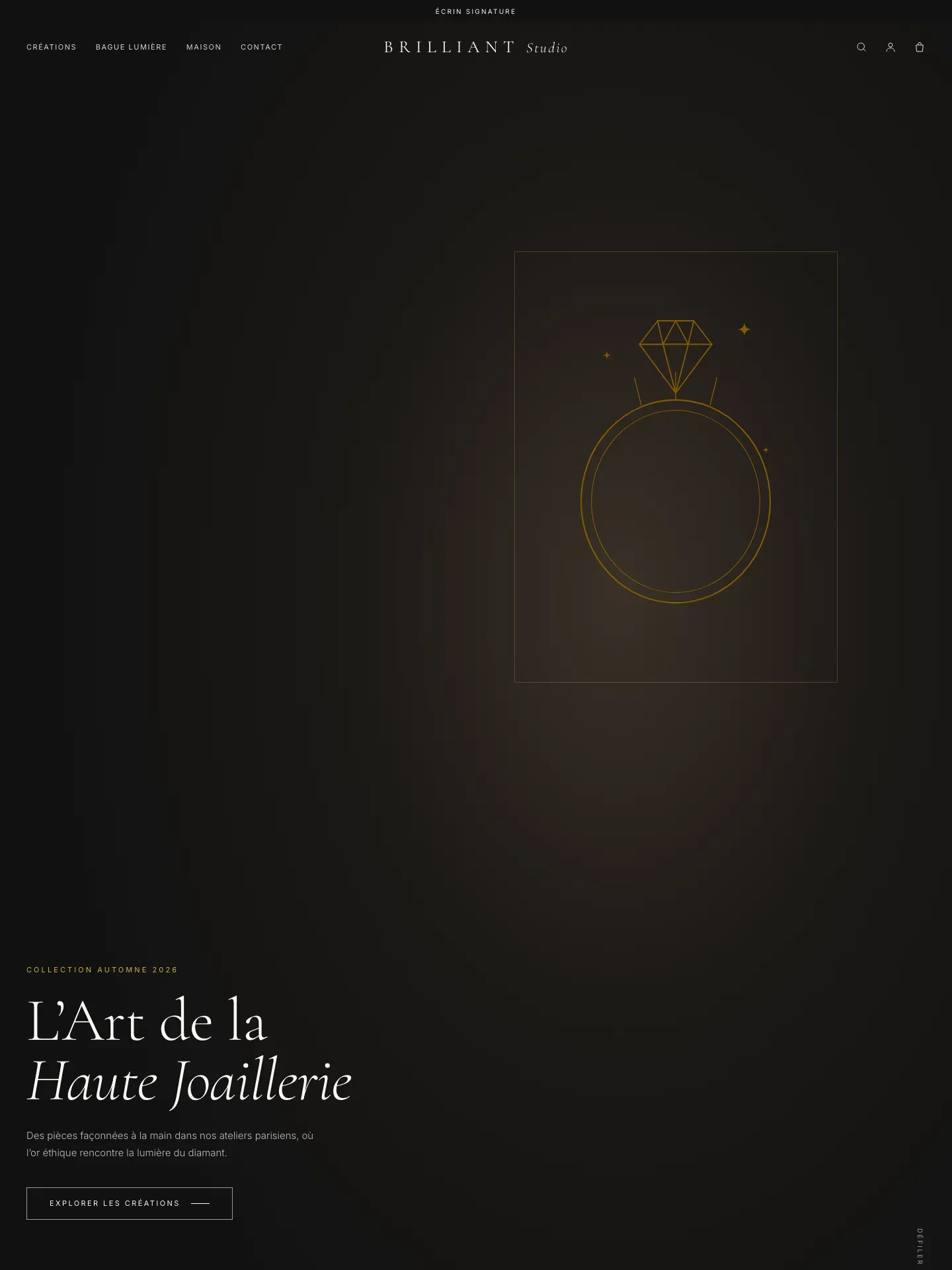 Accueil BRILLIANT, édition Claire — le héro charbon avec la bague dessinée dans un cadre or