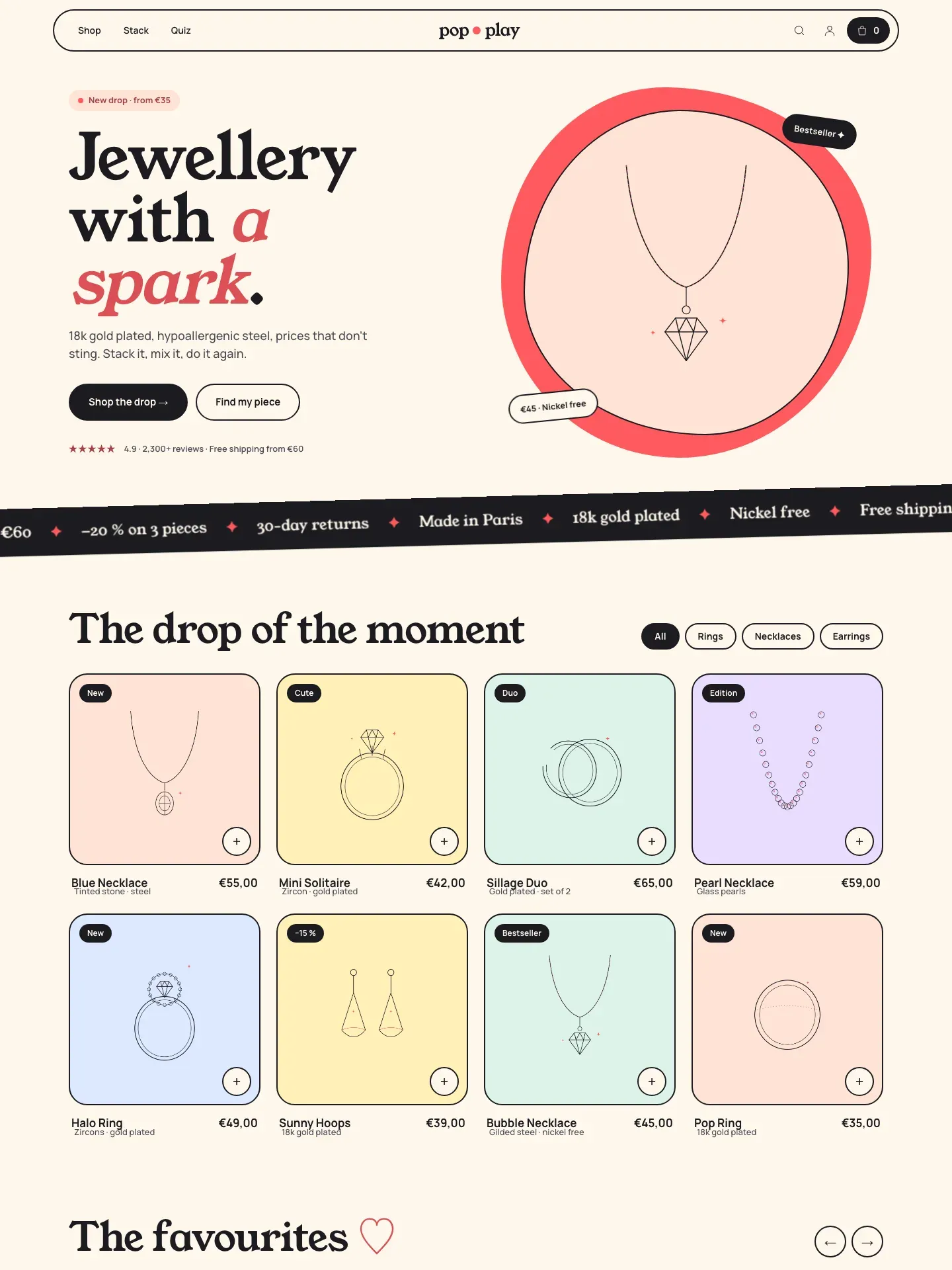 POP home page: the pendant drawn on a coral blob, two stickers, the ink marquee below